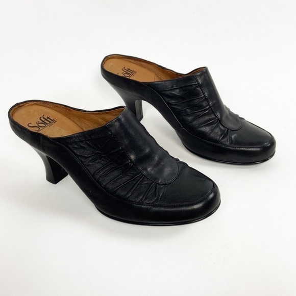 Sofft Leather Ruched Black Slip On Mules Closed Toe Heels Open Back Pumps - Picture 7 of 16